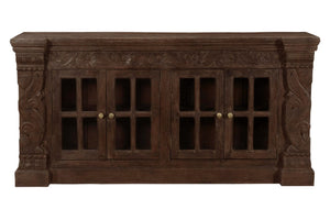 HomeRoots 72" Brown Distressed Buffet Table - Elegant Carved Floral Design with 4 Glass Doors for Storage & Style 488635