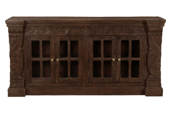 HomeRoots 72" Brown Distressed Buffet Table - Elegant Carved Floral Design with 4 Glass Doors for Storage & Style 488635