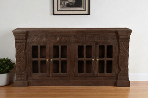 HomeRoots 72" Brown Distressed Buffet Table - Elegant Carved Floral Design with 4 Glass Doors for Storage & Style 488635