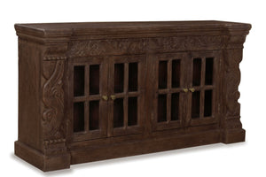 HomeRoots 72" Brown Distressed Buffet Table - Elegant Carved Floral Design with 4 Glass Doors for Storage & Style 488635