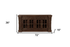 HomeRoots 72" Brown Distressed Buffet Table - Elegant Carved Floral Design with 4 Glass Doors for Storage & Style 488635