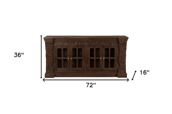 HomeRoots 72" Brown Distressed Buffet Table - Elegant Carved Floral Design with 4 Glass Doors for Storage & Style 488635
