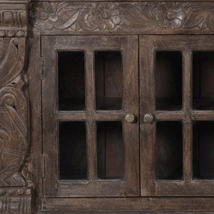 HomeRoots 72" Brown Distressed Buffet Table - Elegant Carved Floral Design with 4 Glass Doors for Storage & Style 488635