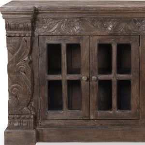 HomeRoots 72" Brown Distressed Buffet Table - Elegant Carved Floral Design with 4 Glass Doors for Storage & Style 488635