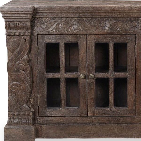 HomeRoots 72" Brown Distressed Buffet Table - Elegant Carved Floral Design with 4 Glass Doors for Storage & Style 488635