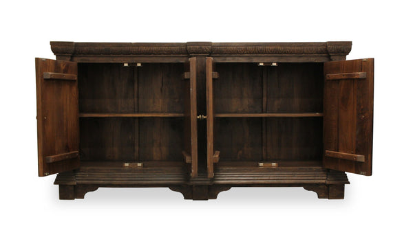 HomeRoots 72" Brown Distressed Solid Wood Buffet Table - Handcrafted Geometric Design with Ample Storage & Style 488636