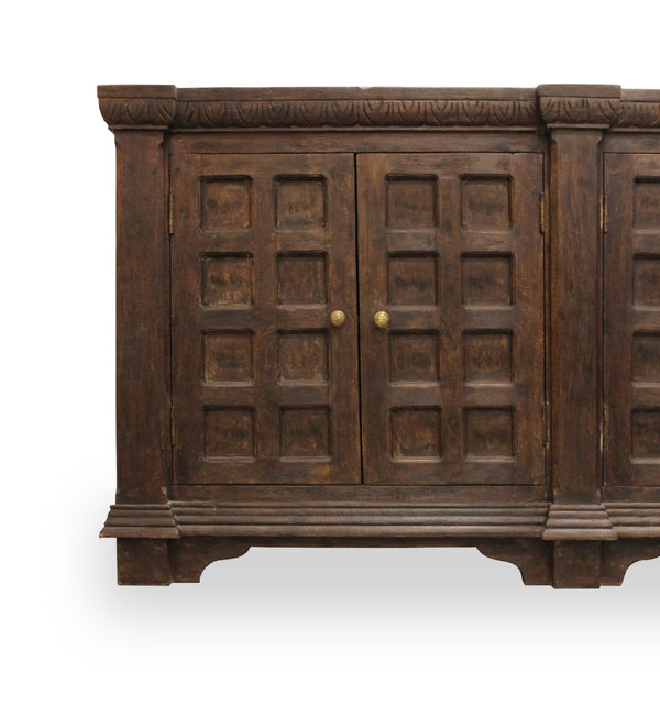 HomeRoots 72" Brown Distressed Solid Wood Buffet Table - Handcrafted Geometric Design with Ample Storage & Style 488636