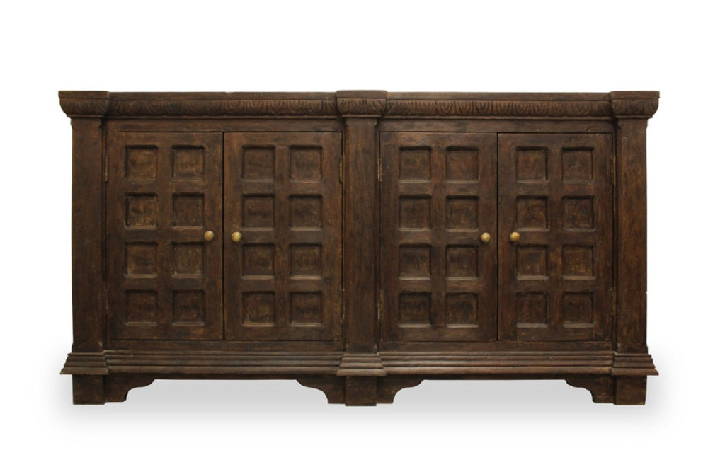 HomeRoots 72" Brown Distressed Solid Wood Buffet Table - Handcrafted Geometric Design with Ample Storage & Style 488636