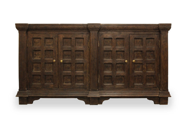 HomeRoots 72" Brown Distressed Solid Wood Buffet Table - Handcrafted Geometric Design with Ample Storage & Style 488636