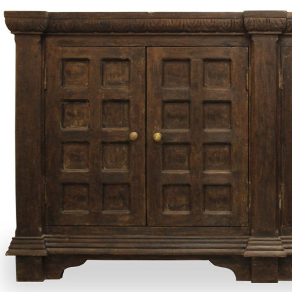 HomeRoots 72" Brown Distressed Solid Wood Buffet Table - Handcrafted Geometric Design with Ample Storage & Style 488636