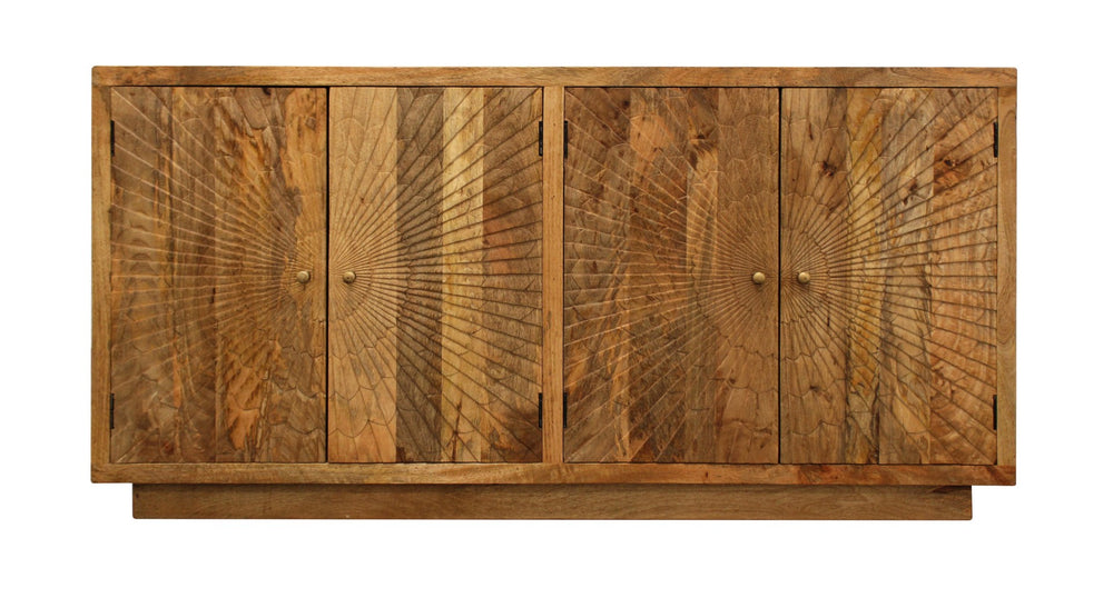HomeRoots 72" Handcrafted Natural Distressed Solid Wood Sideboard with Geometric Carvings & Four Doors for Storage 488643