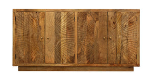 HomeRoots 72" Handcrafted Natural Distressed Solid Wood Sideboard with Geometric Carvings & Four Doors for Storage 488643