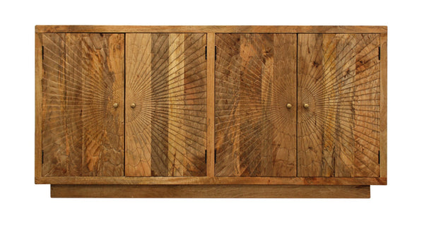 HomeRoots 72" Handcrafted Natural Distressed Solid Wood Sideboard with Geometric Carvings & Four Doors for Storage 488643