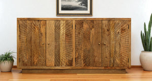 HomeRoots 72" Handcrafted Natural Distressed Solid Wood Sideboard with Geometric Carvings & Four Doors for Storage 488643