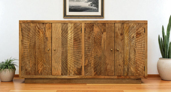 HomeRoots 72" Handcrafted Natural Distressed Solid Wood Sideboard with Geometric Carvings & Four Doors for Storage 488643