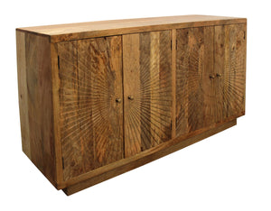 HomeRoots 72" Handcrafted Natural Distressed Solid Wood Sideboard with Geometric Carvings & Four Doors for Storage 488643