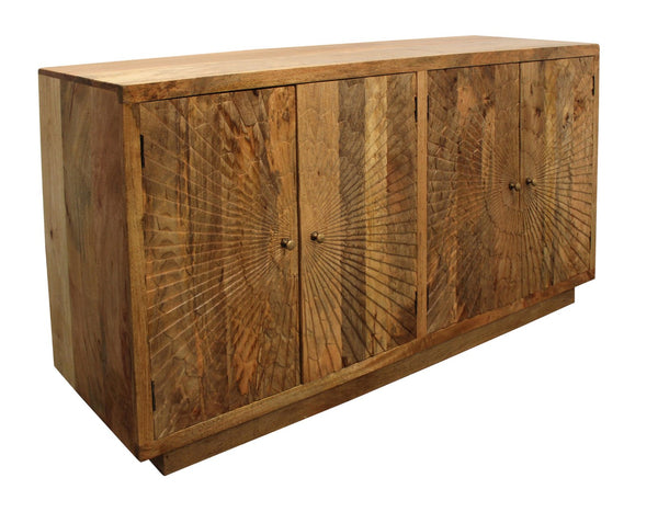 HomeRoots 72" Handcrafted Natural Distressed Solid Wood Sideboard with Geometric Carvings & Four Doors for Storage 488643