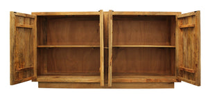 HomeRoots 72" Handcrafted Natural Distressed Solid Wood Sideboard with Geometric Carvings & Four Doors for Storage 488643