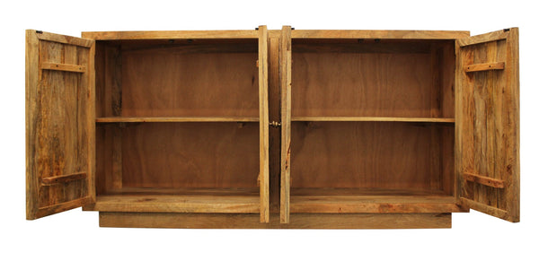 HomeRoots 72" Handcrafted Natural Distressed Solid Wood Sideboard with Geometric Carvings & Four Doors for Storage 488643