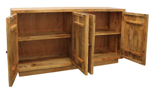 HomeRoots 72" Handcrafted Natural Distressed Solid Wood Sideboard with Geometric Carvings & Four Doors for Storage 488643