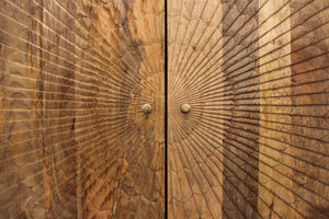 HomeRoots 72" Handcrafted Natural Distressed Solid Wood Sideboard with Geometric Carvings & Four Doors for Storage 488643