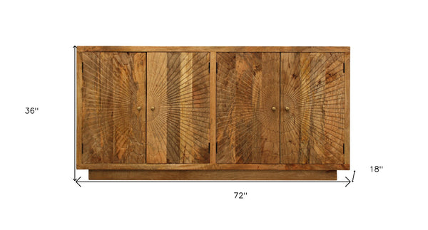 HomeRoots 72" Handcrafted Natural Distressed Solid Wood Sideboard with Geometric Carvings & Four Doors for Storage 488643