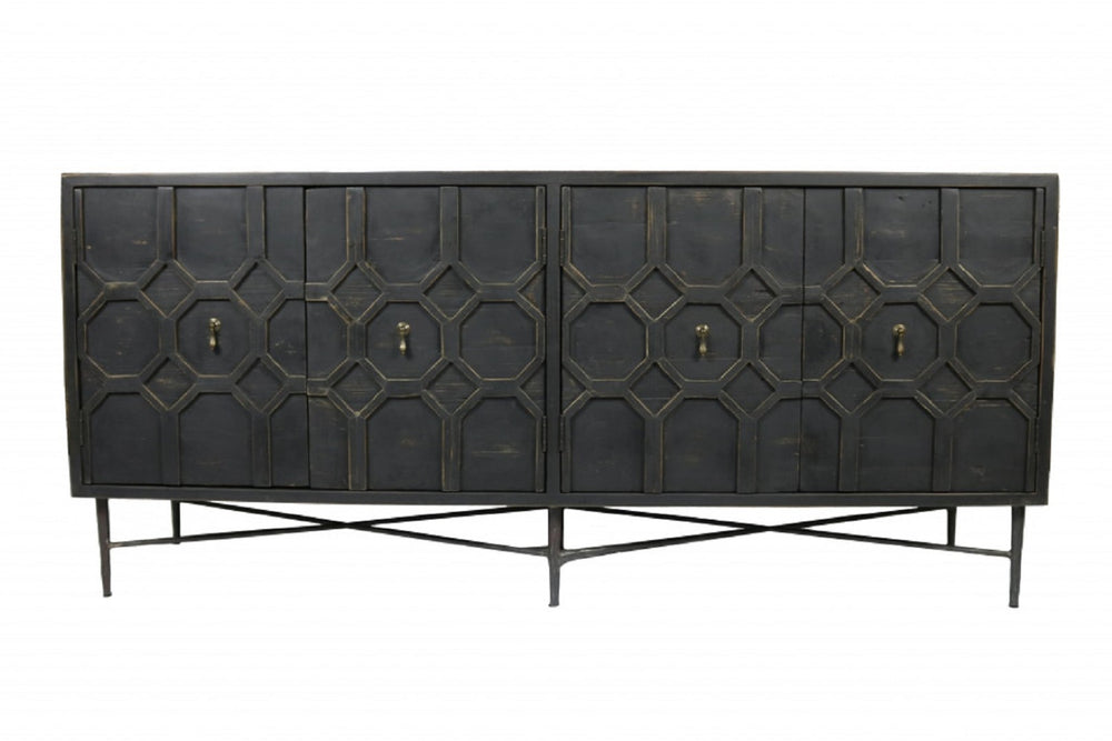HomeRoots 71" Brown Distressed Solid Wood Sideboard with Geometric Carvings and Brass Accents for Storage 488652