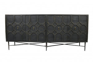 HomeRoots 71" Brown Distressed Solid Wood Sideboard with Geometric Carvings and Brass Accents for Storage 488652
