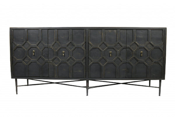 HomeRoots 71" Brown Distressed Solid Wood Sideboard with Geometric Carvings and Brass Accents for Storage 488652