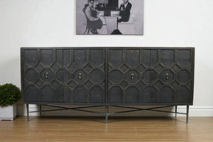 HomeRoots 71" Brown Distressed Solid Wood Sideboard with Geometric Carvings and Brass Accents for Storage 488652