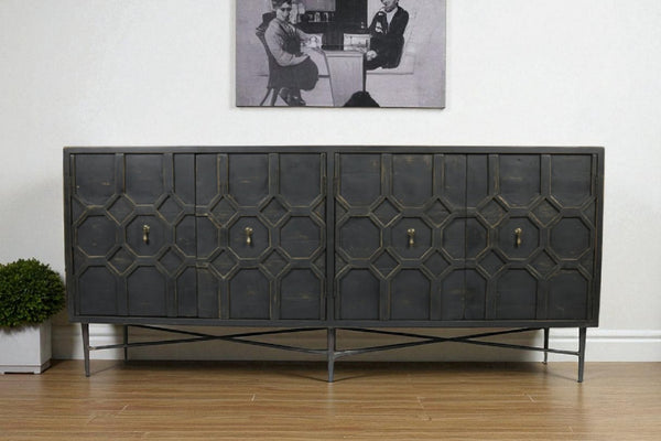 HomeRoots 71" Brown Distressed Solid Wood Sideboard with Geometric Carvings and Brass Accents for Storage 488652