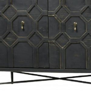 HomeRoots 71" Brown Distressed Solid Wood Sideboard with Geometric Carvings and Brass Accents for Storage 488652