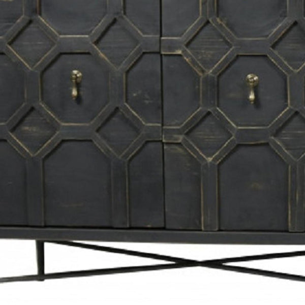 HomeRoots 71" Brown Distressed Solid Wood Sideboard with Geometric Carvings and Brass Accents for Storage 488652