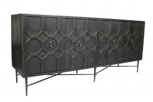 HomeRoots 71" Brown Distressed Solid Wood Sideboard with Geometric Carvings and Brass Accents for Storage 488652