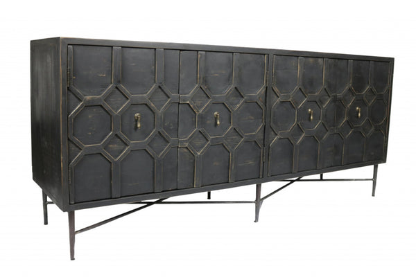 HomeRoots 71" Brown Distressed Solid Wood Sideboard with Geometric Carvings and Brass Accents for Storage 488652