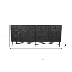 HomeRoots 71" Brown Distressed Solid Wood Sideboard with Geometric Carvings and Brass Accents for Storage 488652