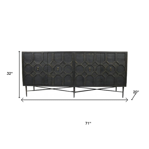 HomeRoots 71" Brown Distressed Solid Wood Sideboard with Geometric Carvings and Brass Accents for Storage 488652