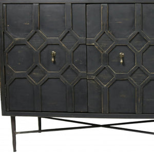 HomeRoots 71" Brown Distressed Solid Wood Sideboard with Geometric Carvings and Brass Accents for Storage 488652
