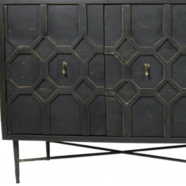 HomeRoots 71" Brown Distressed Solid Wood Sideboard with Geometric Carvings and Brass Accents for Storage 488652