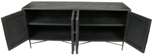 HomeRoots 71" Brown Distressed Solid Wood Sideboard with Geometric Carvings and Brass Accents for Storage 488652