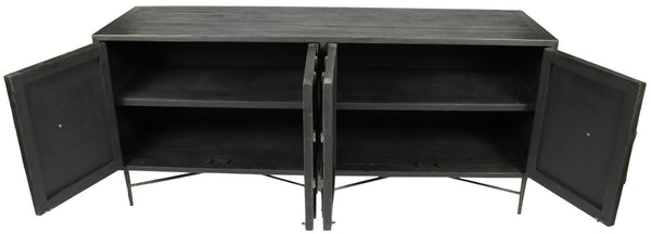 HomeRoots 71" Brown Distressed Solid Wood Sideboard with Geometric Carvings and Brass Accents for Storage 488652