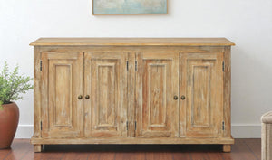 HomeRoots 60" Natural Distressed Solid Wood Sideboard - Stylish Storage with Unique Character & Brass Hardware 488676