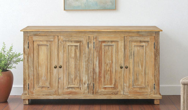 HomeRoots 60" Natural Distressed Solid Wood Sideboard - Stylish Storage with Unique Character & Brass Hardware 488676