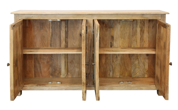 HomeRoots 60" Natural Distressed Solid Wood Sideboard - Stylish Storage with Unique Character & Brass Hardware 488676