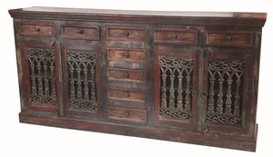 HomeRoots 90" Brown Solid Wood Buffet Table - Nine Drawers, Four Doors, Timeless Storage & Elegant Design 488677