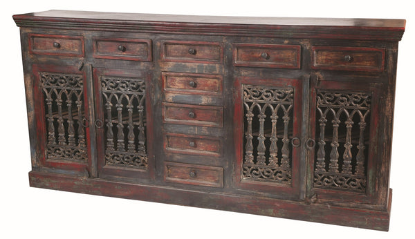 HomeRoots 90" Brown Solid Wood Buffet Table - Nine Drawers, Four Doors, Timeless Storage & Elegant Design 488677