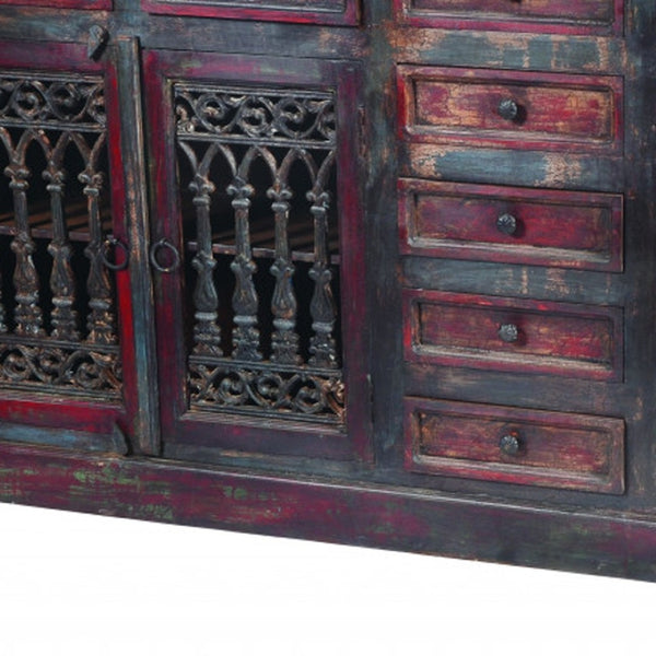 HomeRoots 90" Brown Solid Wood Buffet Table - Nine Drawers, Four Doors, Timeless Storage & Elegant Design 488677