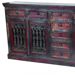 HomeRoots 90" Brown Solid Wood Buffet Table - Nine Drawers, Four Doors, Timeless Storage & Elegant Design 488677