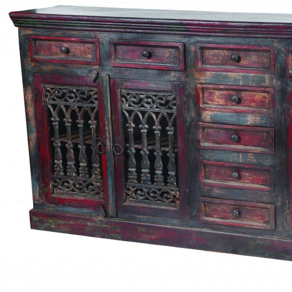 HomeRoots 90" Brown Solid Wood Buffet Table - Nine Drawers, Four Doors, Timeless Storage & Elegant Design 488677