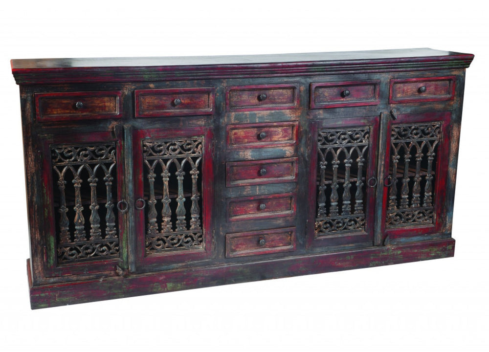HomeRoots 90" Brown Solid Wood Buffet Table - Nine Drawers, Four Doors, Timeless Storage & Elegant Design 488677